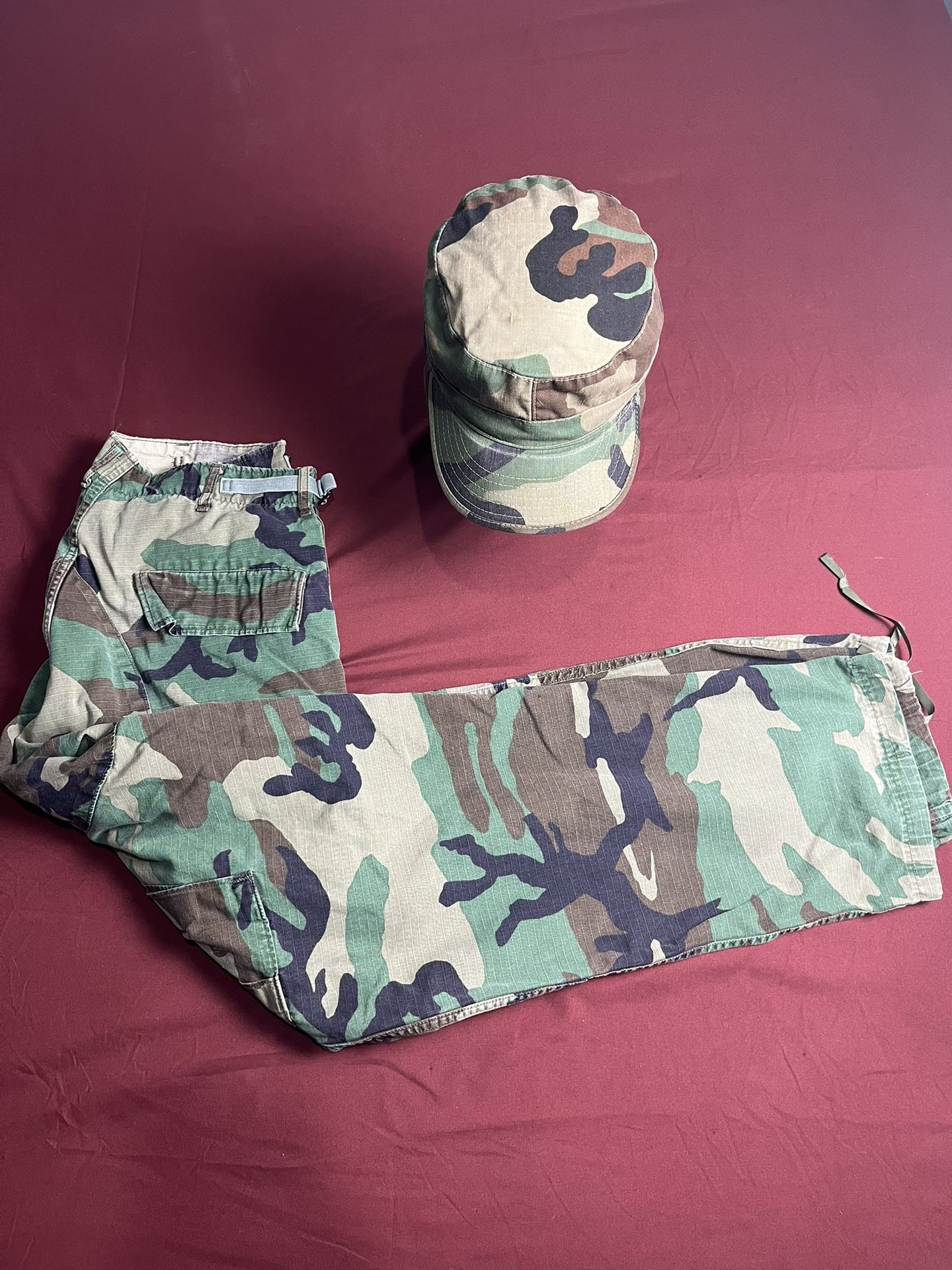 Vintage Y2K Army Pants Cargo & Cap  Camo Camouflage Ripstop Combat A017 Lot Of 2