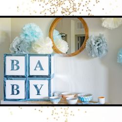 Baby boy shower decorations: 4 decorative blocks + B A B Y letters + 6 Pom Poms Blue color