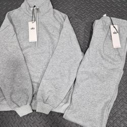 alo Men's Black 2-Piece Sweatsuit Set 1/4 Zip Logo Top & Pants Size S