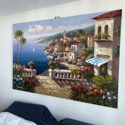 Original Oil on Canvas Wall Art 74x48 - Mediterranean Coastal Terrace