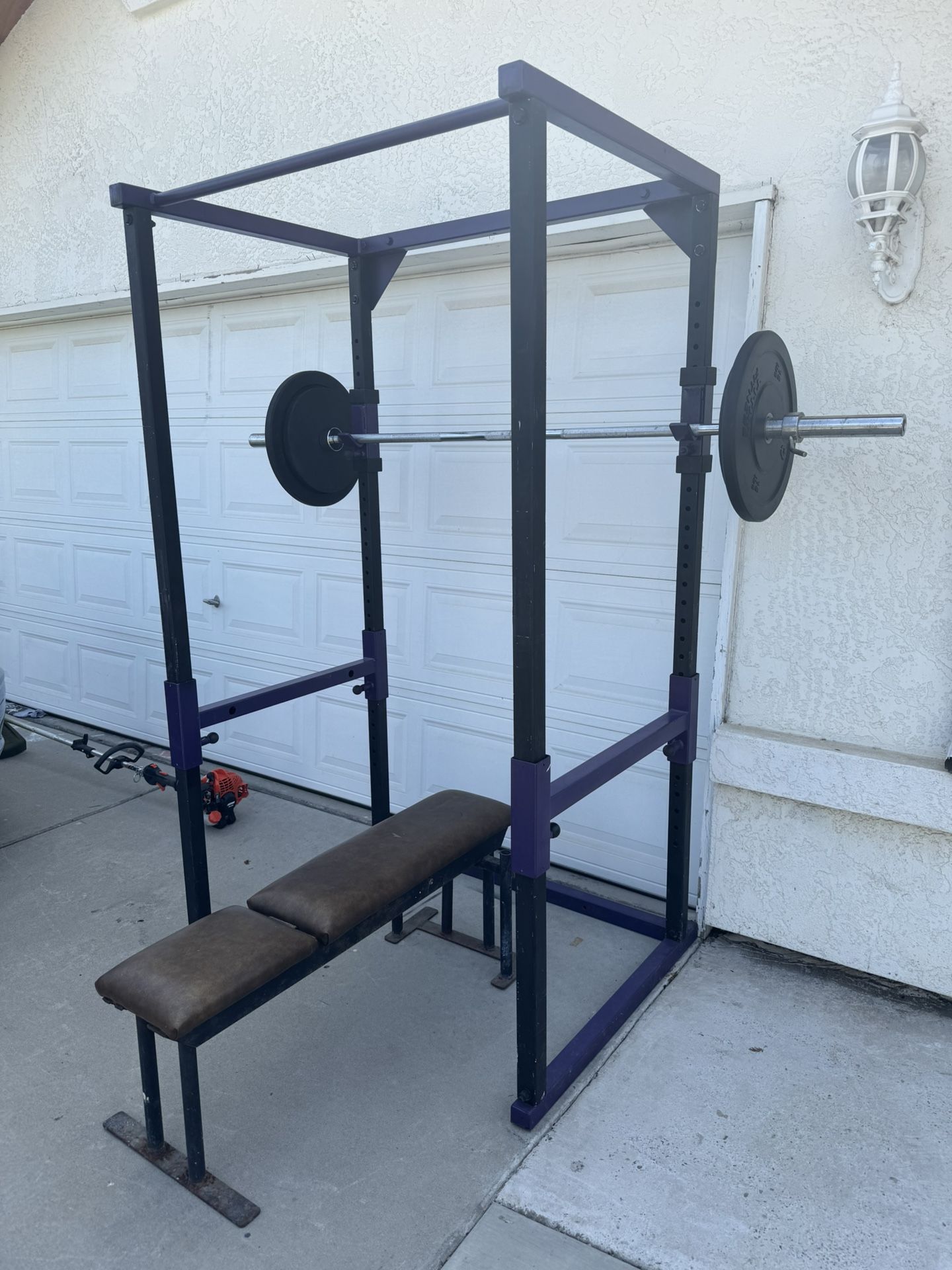 Squat Rack, Bar, Bench And Weights