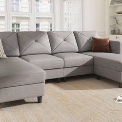 HONBAY U Shaped Sectional Couch Convertible Sectional Couch with Double Chaise 4 Seat Sectional Sofa for Living Room, Light Grey