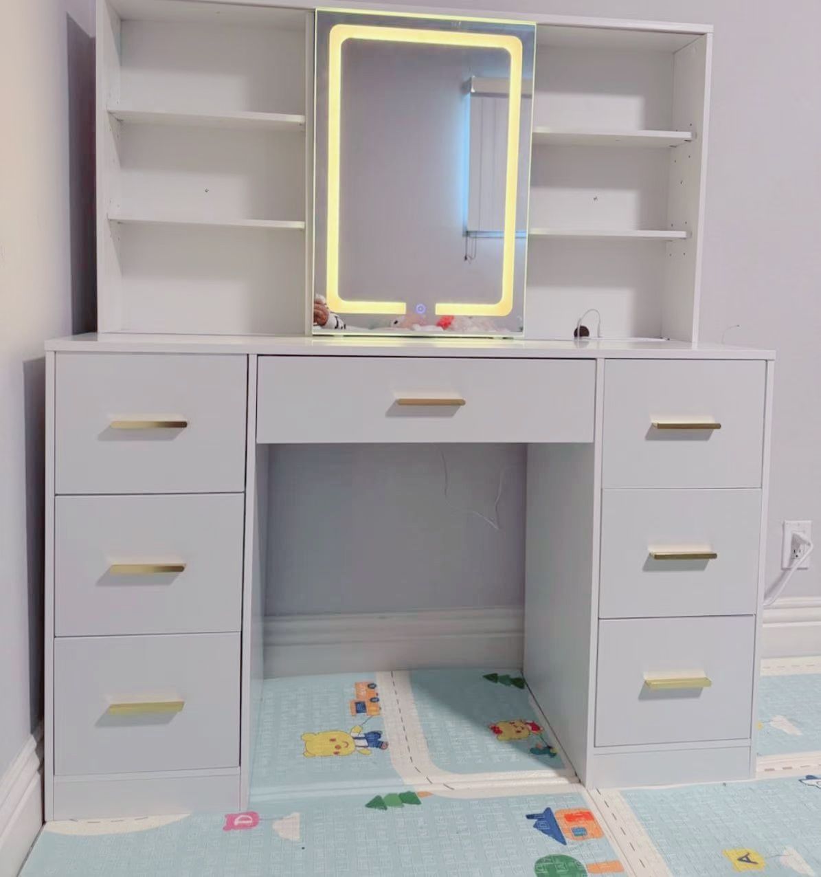 47'' Large Vanity Desk with Mirror and Lights, 7 Drawers, 8 Storage Shelves Vanity Table, Big Makeup Vanity Desk with 3 LED Lighting Modes, Vanity Dre