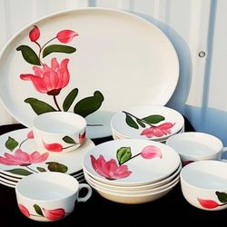 1940s 1950s STETSON RIO Pink Tulip Dinnerware Cups Plates Bowls Platter