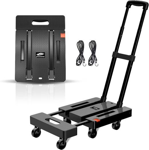 Folding Hand Truck, 500 LB Heavy Duty Luggage Cart, Utility Dolly Platform Cart with 6 Wheels & 2 Elastic Ropes for Luggage, Travel, Moving, Shopping,