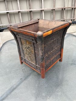 Pacific style hand Woven Rattan Wicker Cache Pot / Planter 10”W x  12” H