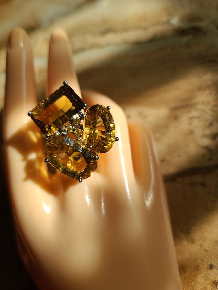Cognac Citrine & Yellow Sapphire .925 Sterling Silver Ring Size 8