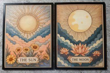 Set of 2 12x16 Tarot Sun and Moon campus poster in lightweight black plexiglass frame