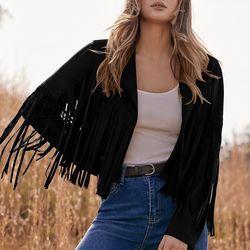 Medium Women's Fringe Faux Suede Leather Jackets  Tassel Motorcycle Cropped Coats