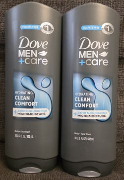 (2) Dove Men+Care Hydrating Gentle Face & Body Wash for Men Clean Comfort All Skin, 18 oz each