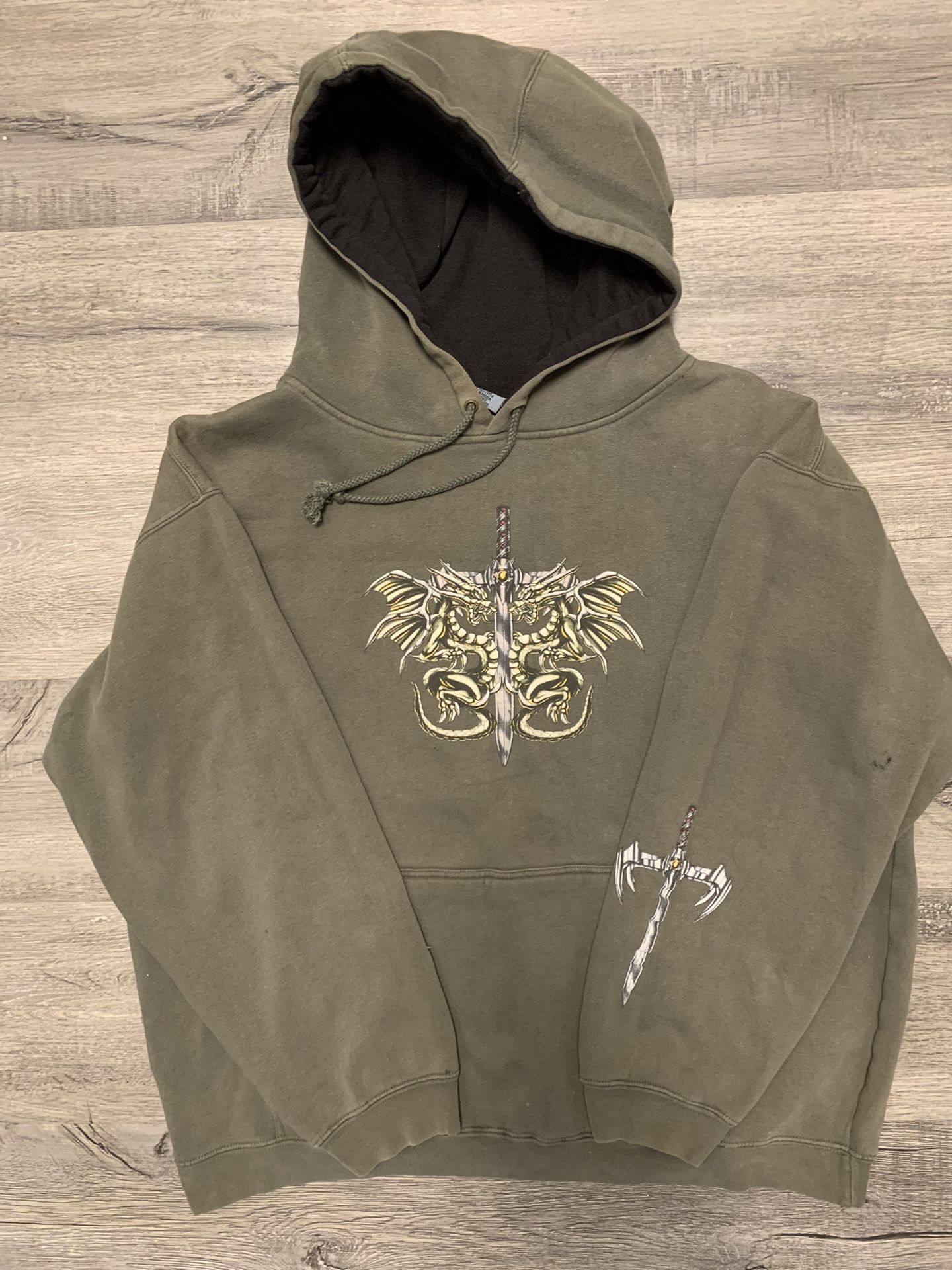 VTG Top Heavy Hoodie Sweatshirt Y2K Dragon Tribal JNCO Style L Distressed #465