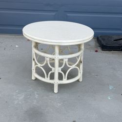 White Rattan & Faux Stone Round Side Table • Coastal Boho Style