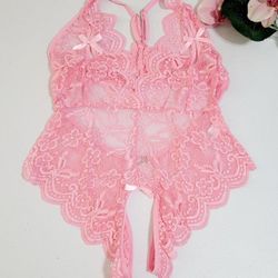 Pink Lace Bodysuit Pajama Crotchless Lingerie GIFT