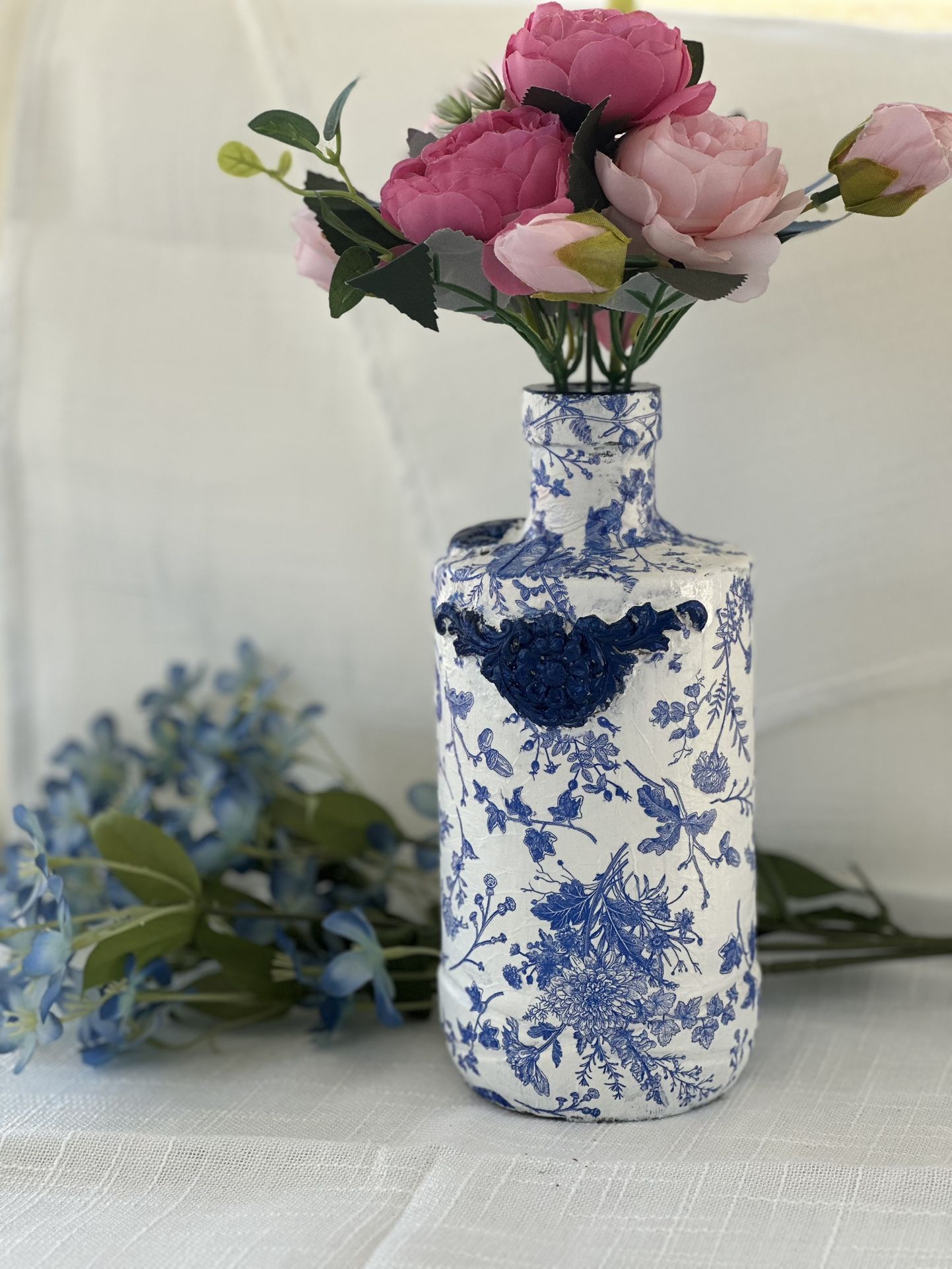 Decoupage Glass Bottle Faux China While And Blue