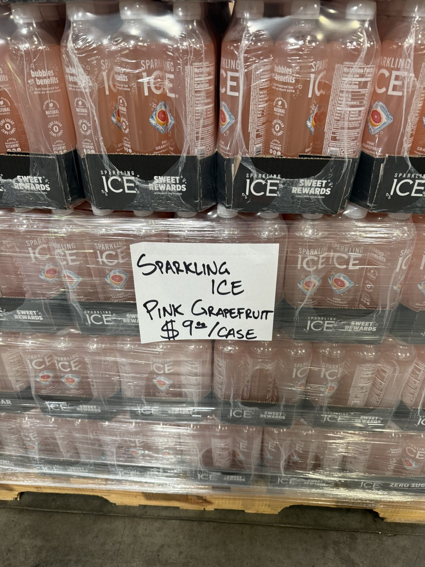 Sparkling ice pink grapefruit, nine dollars a case