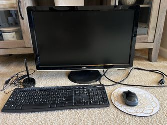 Dell Monitor, Logitech wireless keyboard and mouse, Insignia microphone, mousepad