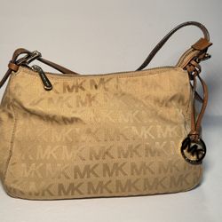Michael Kors Beige MK Monogram Shoulder Bag with Gold Hardware