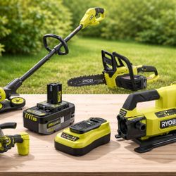 Ryobi ONE+ 18V cordless tools bundle. Most items are new or used only briefly and in excellent condition.