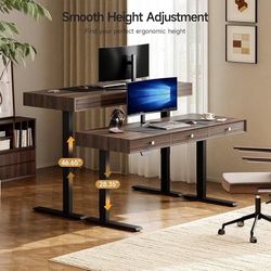 Electric Standing Desk with 3 Drawers, 63x24 Inch Height Adjustable Stand up Desk with Storage and Widened Legs, Retro Home Office Desks with Memory C
