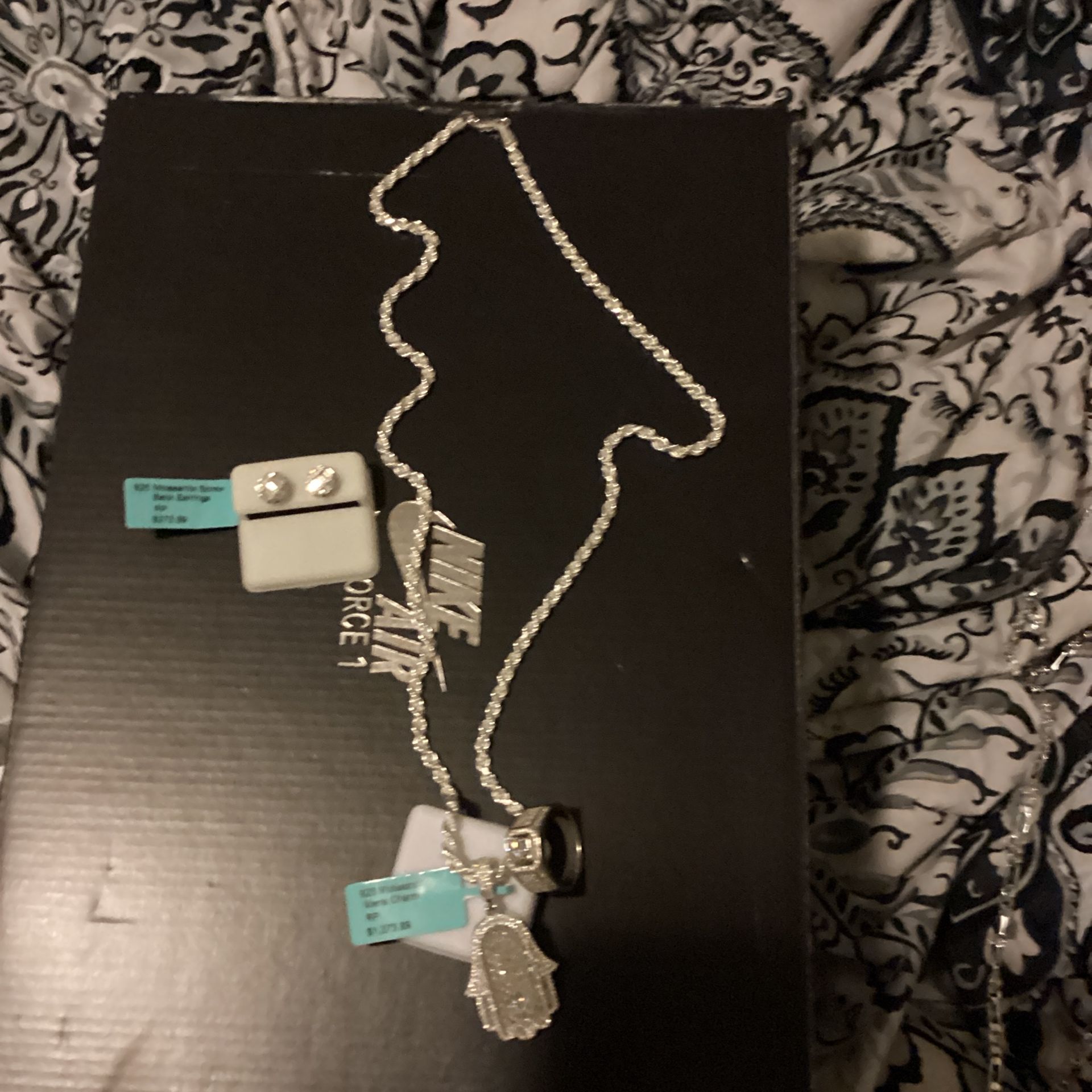 925 Solid Silver Diamond Cut Rope Chain With Pendant,earrings And Ring