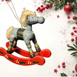 Russ Berrie 1983 Country Collection Gray Wooden Rocking Horse Ornament, 4x4”