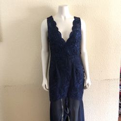 Navy Embroidered Maxi Dress with Front Slit Size M