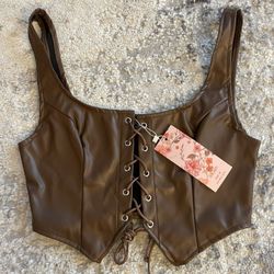 Brown Faux Leather Tie Up Vest