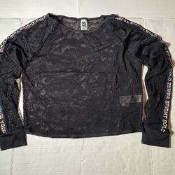 Pre Owned Excellent  Zumba Wear Fitness Fishnet Long Sleeve T Shirt Black  Multicolor Trim  Women  Size Small