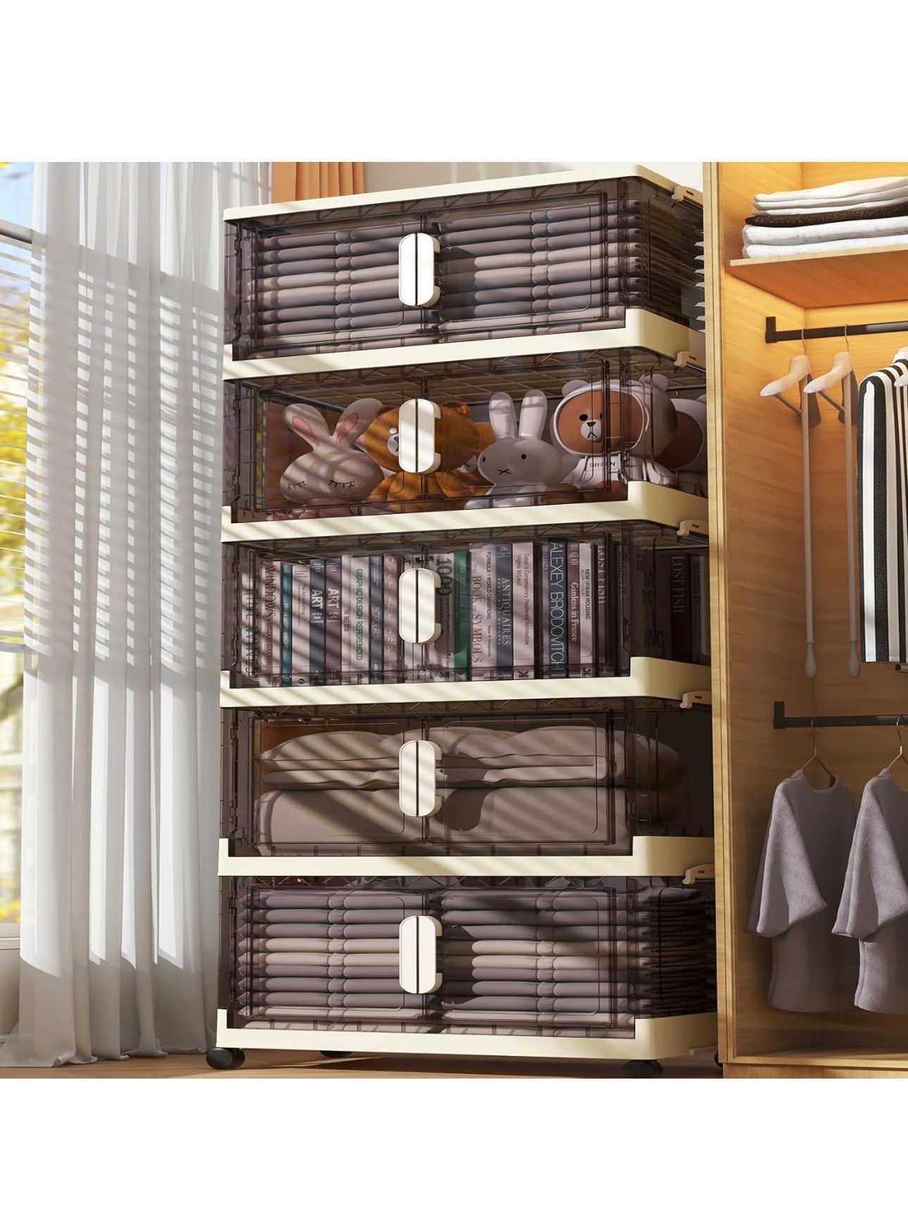 Storage Bins with Lids,78 Quart Plastic Storage Bins,5 Packs Collapsible Storage Bins with Wheels and Door,Stackable Storage Bins with Lids,Closet Org