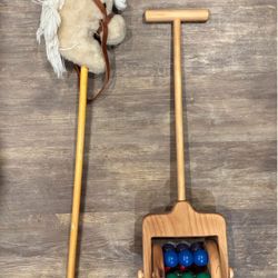 Lawn mower lawnmower child push wooden toy riding stick plush horse vintage