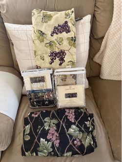 2 Grapevine Window Valances Toppers Set - New and 70” Cloth Tablecloth