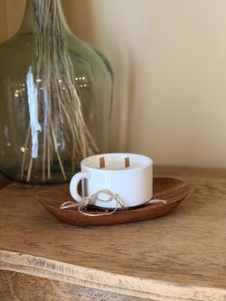 Wood Tray and Hand-Poured Candle, White Ceramic Mug