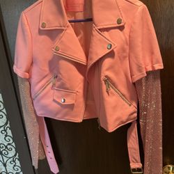 Brand New Azela Wang Size Large Mesh Rhinestone Pink Faux Leather Jacket 