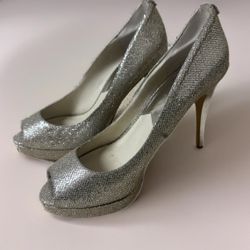Michael Kors York Pump Open Toe Platform Glitter Silver Gold Size 9.5 