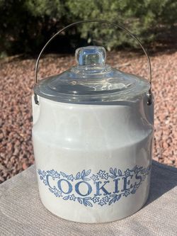 Vintage Monmouth Pottery Western Stoneware Cookie Jar Crock White Blue Leaf Logo Farmhouse MCM
