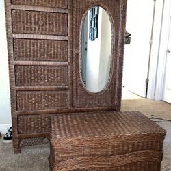 Wicker Dresser With Mirrored Cabinet And Chest
