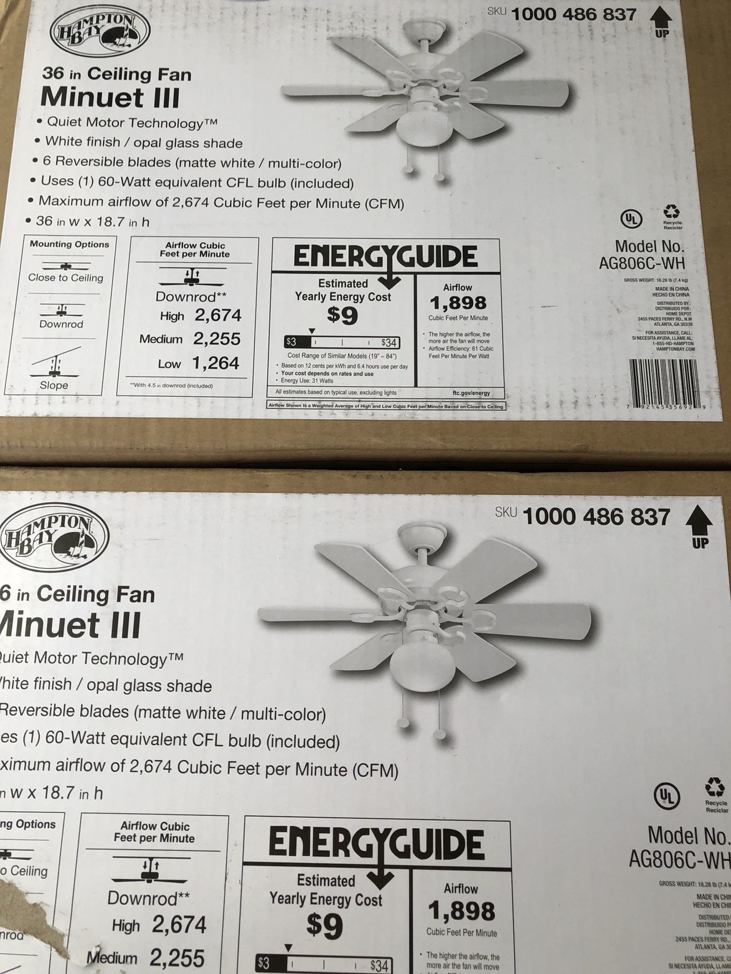 Hampton Bay Minuet III 36” Ceiling Fan- NEW IN BOX- TWO for $60