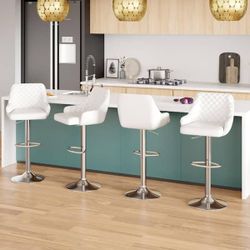 37.4 Bar Stools (Set of 4) with Back, Adjustable Counter Height Bar Chairs for Kitchen Island, White PU Metal Barstool