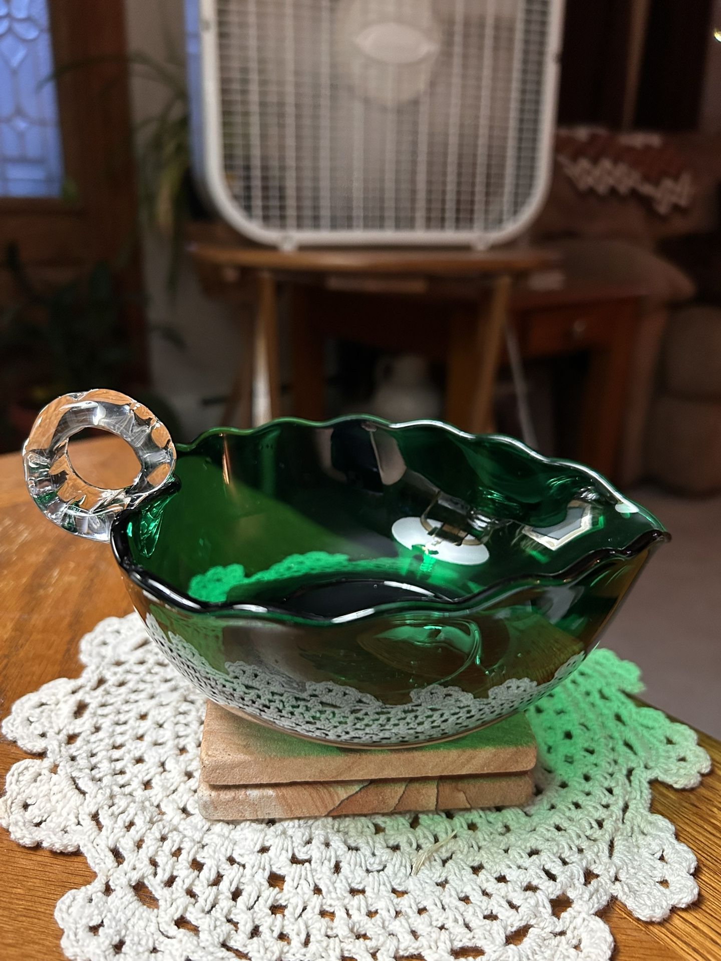 Vintage Antique Forest Green Glass Candy Dish with Clear Handle