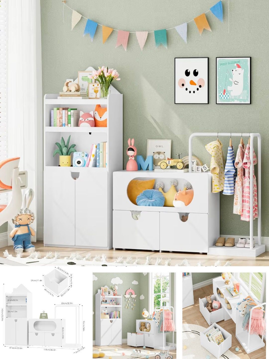 Toy Storage Organizer with Clothes Rail, Combination Type Kids Bookshelf and Bookcase with Two Toy Box with Wheels, Toddler Bookshelf for Playroom, Be