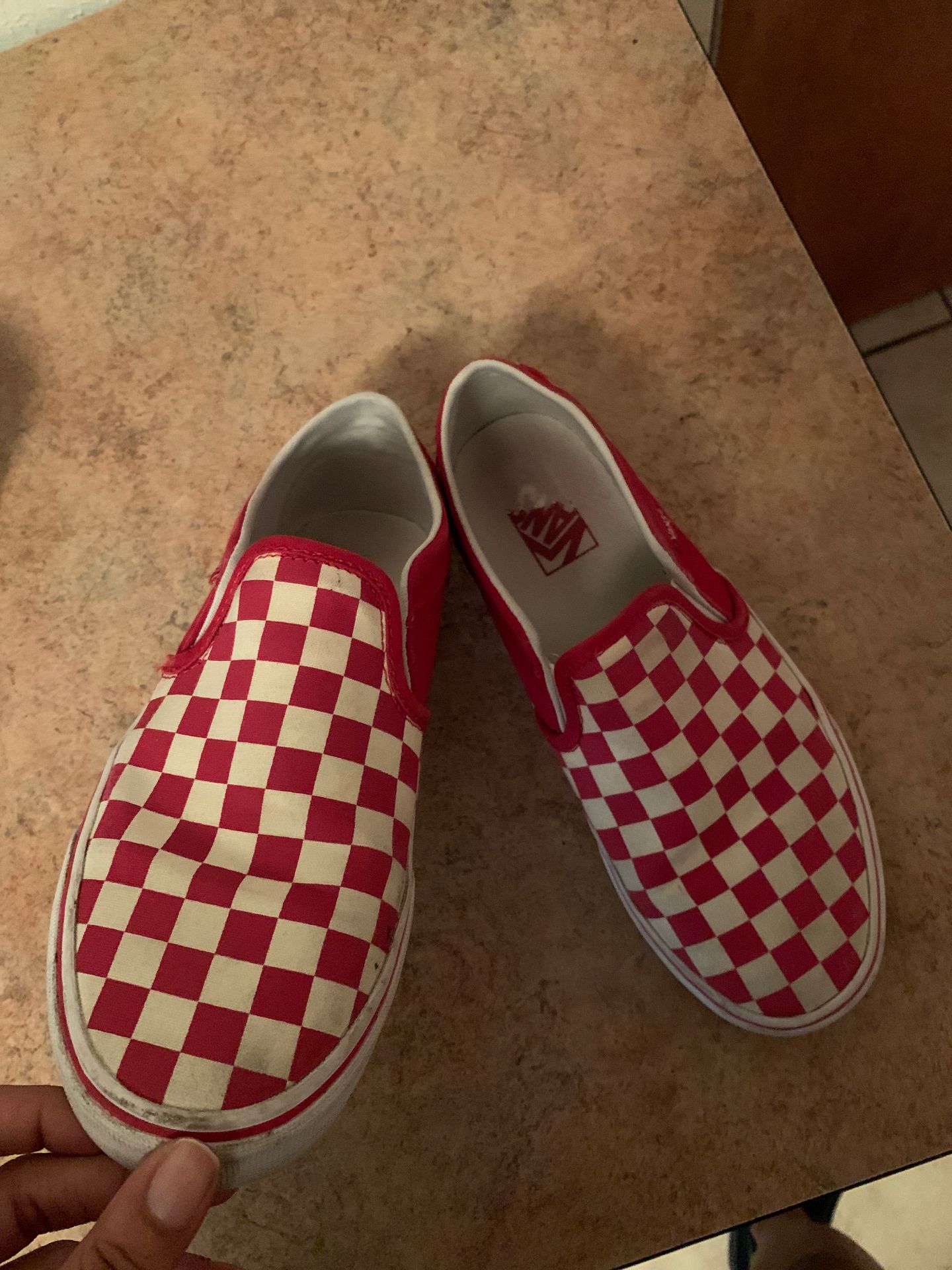 Red and white vans slip one size 8