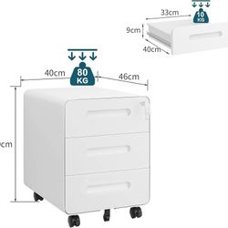 Rolling Cabinet with 3 Drawers, Filing Cabinet, Rounded Corner Design, Lockable, 4 Keys, Drawer Cabinet for Office and Home Office, White