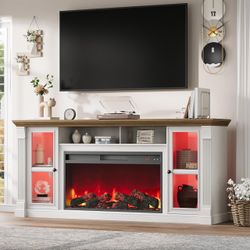 Farmhouse Fireplace TV Stand Up to 80" TVs, 70" Modern Highboy Entertainment Center with 36" Electric Fireplace & LED Lights, Media Console with Adjus