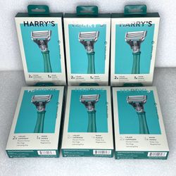 lot Of 6 - New Harry’s Tropical Green Razor Handle + 2 / 5-Blade Cartridges