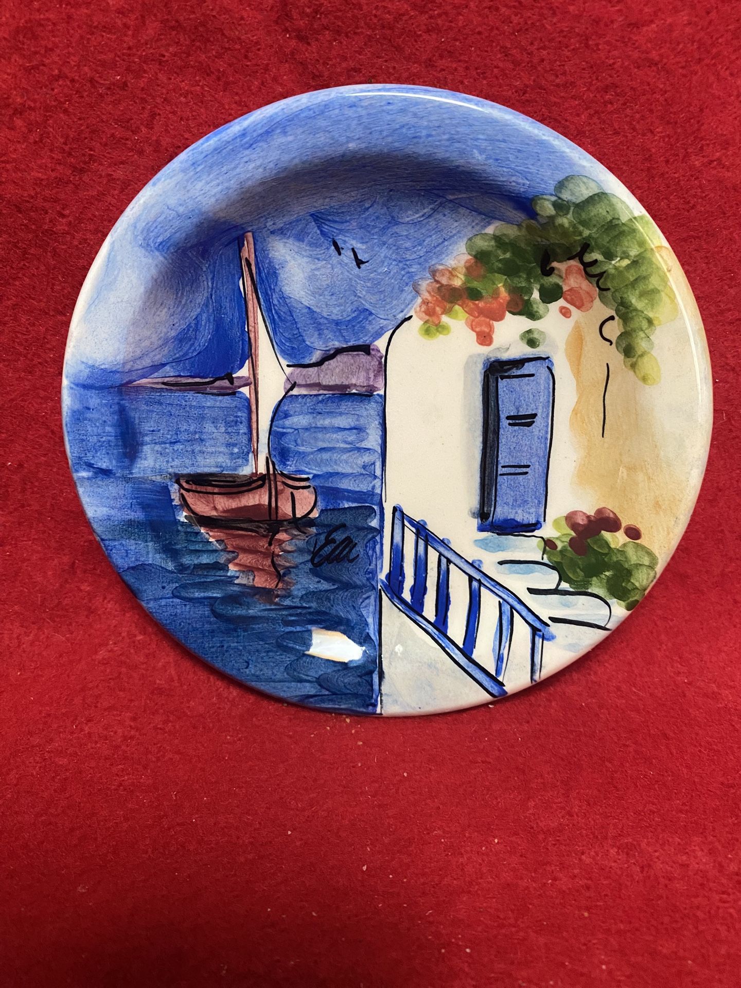 4.75 Inch Handmade Hand Painted Blue Ceramic Wall Hanging Plate Imported From Greece
