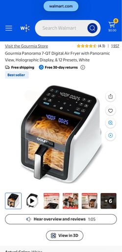 Gourmia Panorama 7-QT Digital Air Fryer with Panoramic View, Holographic Display, & 12 Presets, White