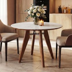 Brown 31.5-Inch Round Din ing Table with Sintered Stone Top Soli d Wood Base Scratch Heat Resistant Kitc hen Table for 2 Modern Compact Design for Apa