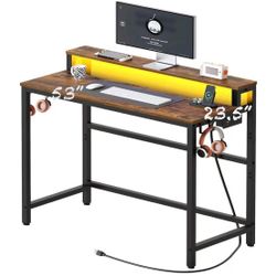 ✌️ Computer Desk with Charging Station and LED Lights, Gaming Desk with Monitor Stand, 2-Tier Office Desk with Office, Rustic Brown&Black