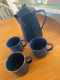 Blue Enamel Camping Coffee Pot with 3 Mugs