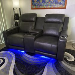 Black/Gray Love Seat W/ Cup Holders, LED Lights and Chargers